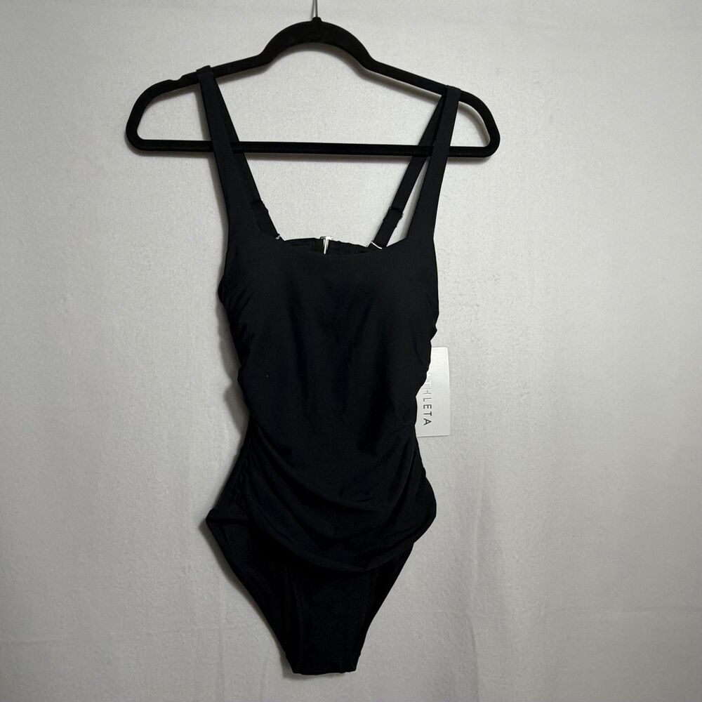 NEW Athleta Classic Black Square Neck Padded Ruched One Piece Swimsuit Size XS